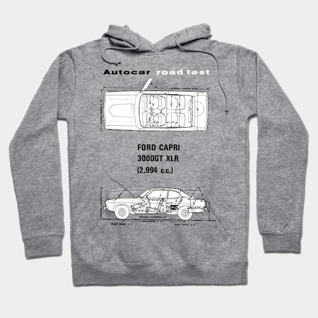 FORD CAPRI 3000GT - road test blueprint cutaway Hoodie by Throwback Motors